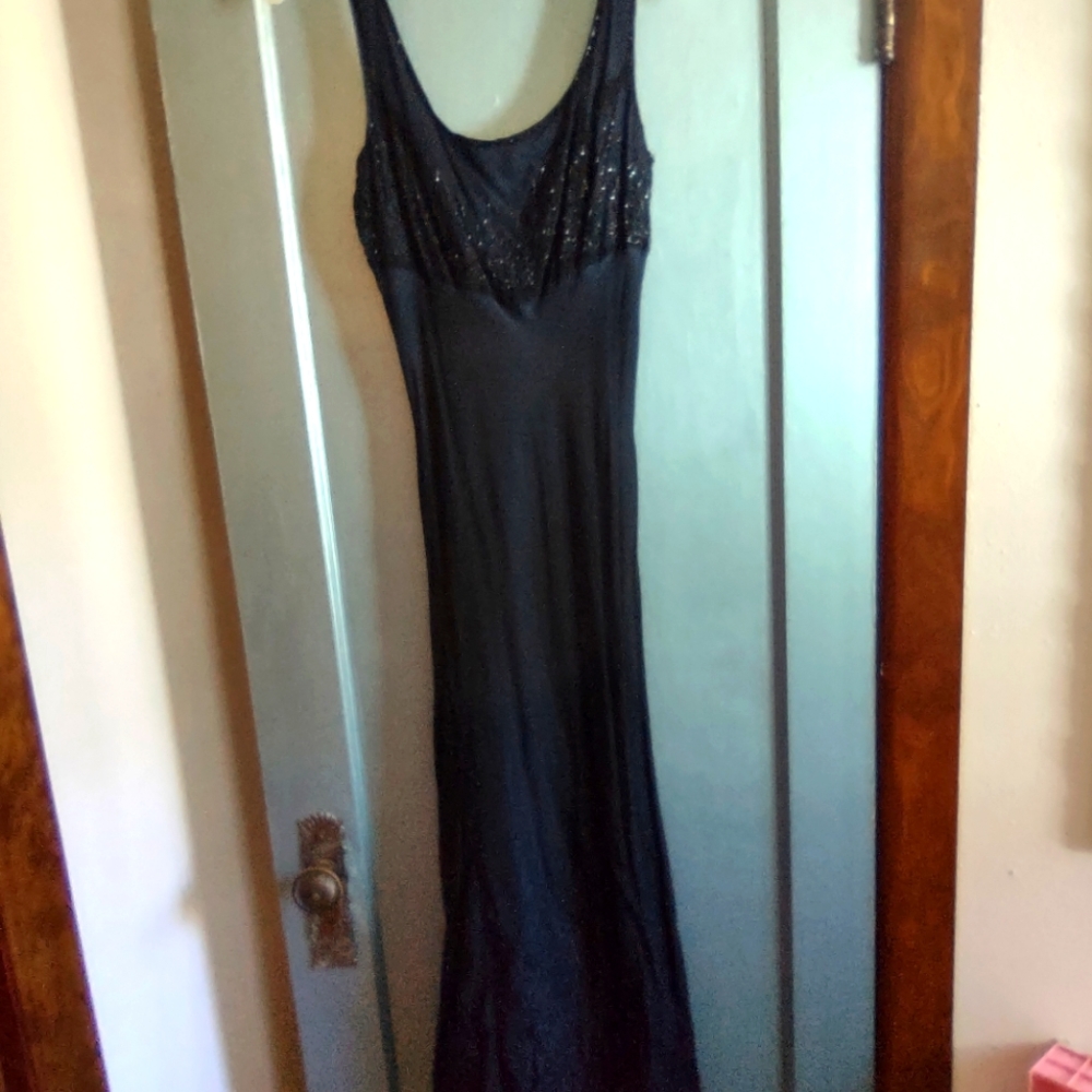 Evening dress Black with  beads and sheer with light blue under it.